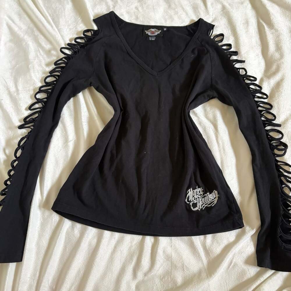 Harley-Davidson Black Long Sleeve Cutout Cold Shoulder V-Neck Graphic Shirt